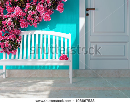 stock-photo-front-view-of-a-wooden-white-door-on-a-blue-house-beautiful-roses-and-bench-on-the-porch-entrance-198667538